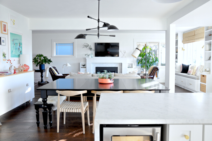 View from the kitchen into the dining room and family room 