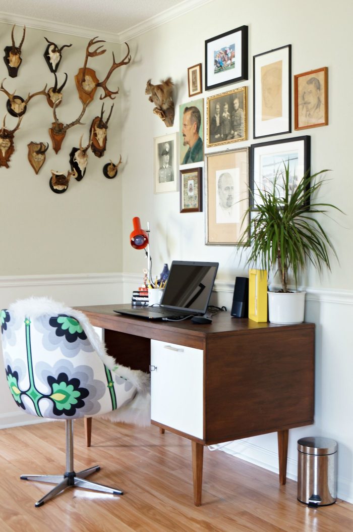 Love this vintage portrait gallery wall and wall of antlers