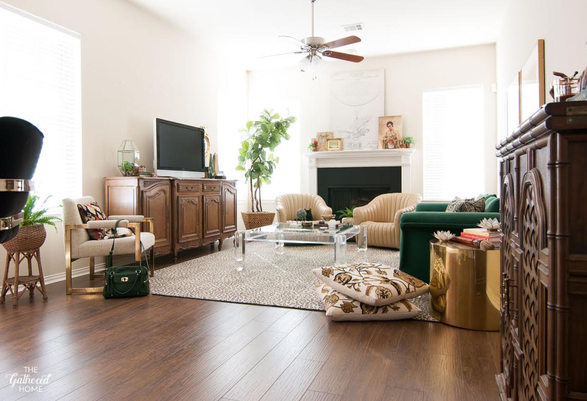 Boho living room with thrift store finds