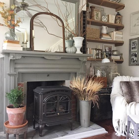 Original old mantel in a gorgeous shade of gray kellyelko.com