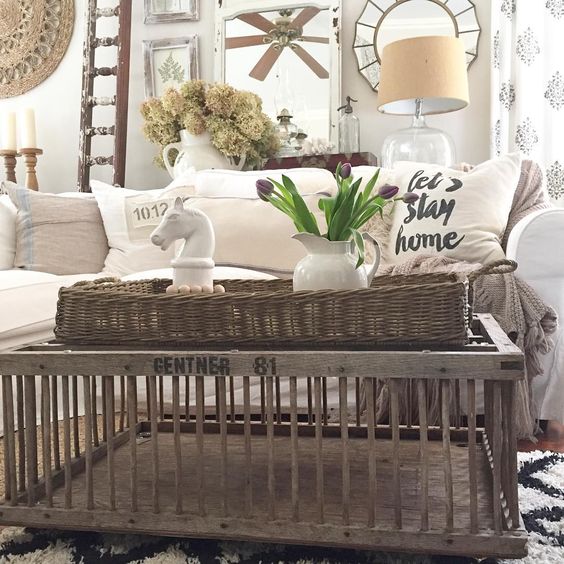 Love this old chicken crate turned coffee table in this 1850 farmhouse kellyelko.com