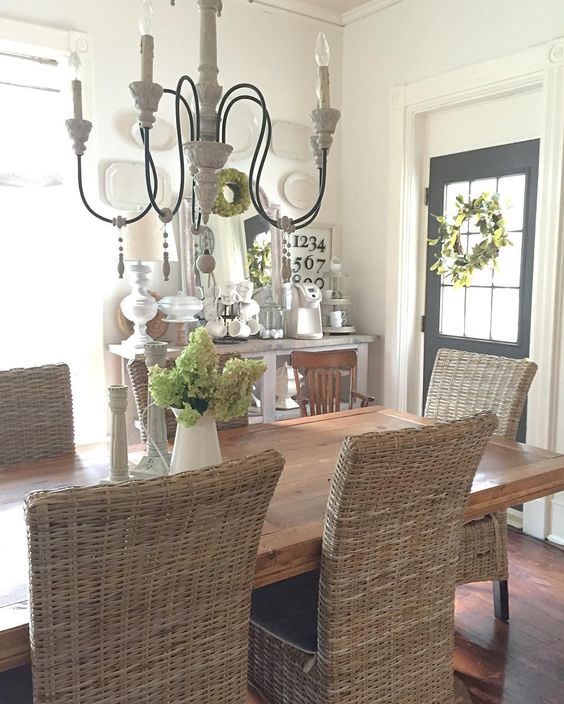 Farmhouse dining room with wicker chairs kellyelko.com