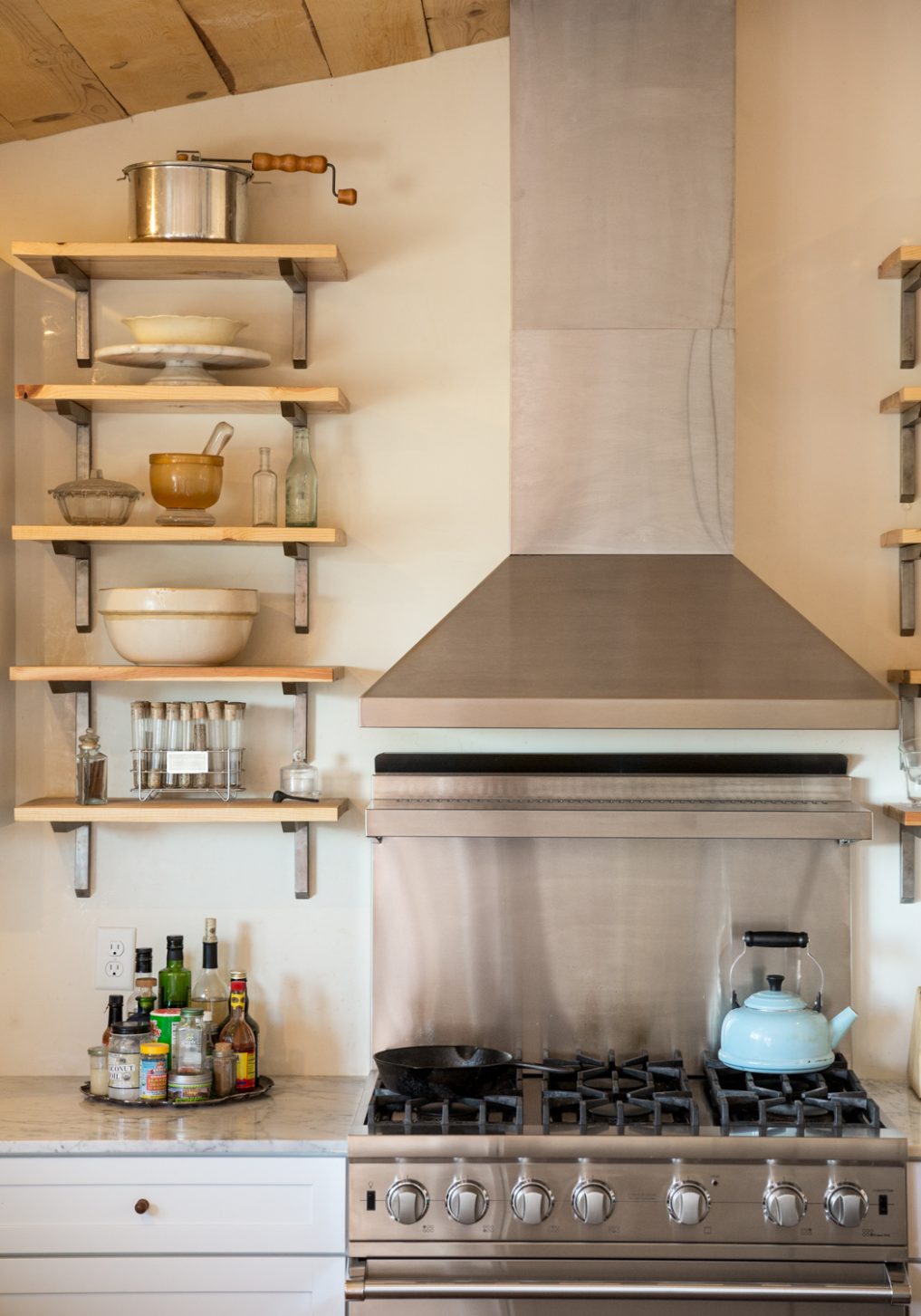 Wood and metal open kitchen shelves