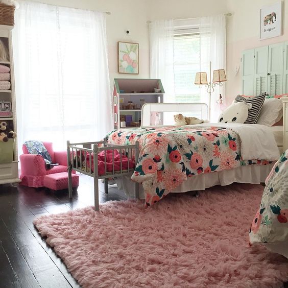 Adorable pink and green girls bedroom - love the shutter headboard kellyelko.com