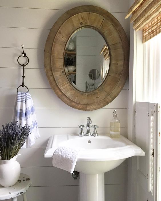 shiplapbathroomwoodovalmirror Kelly Elko