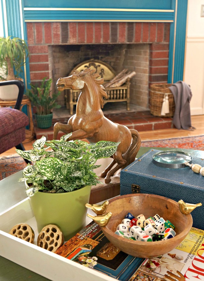 Vintage accessories - love the wood horse and bowl of dice 