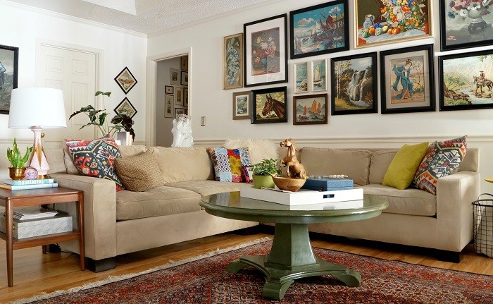 Eclectic Home Tour of Maggie Overby Studios - love the vintage painting gallery wall 