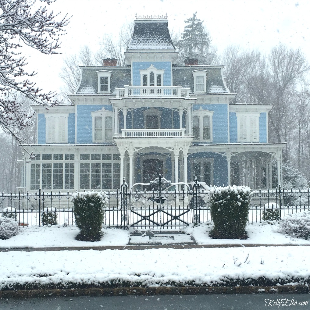 Love this old blue Victorian home covered in snow kellyelko.com 