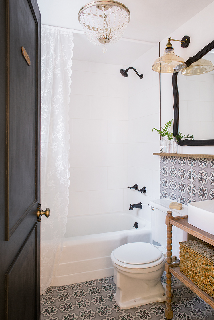 Vintage modern mix bathroom - love the concrete tile and black door