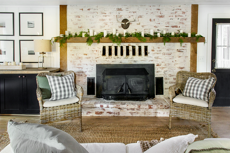 Whitewashed brick fireplace 