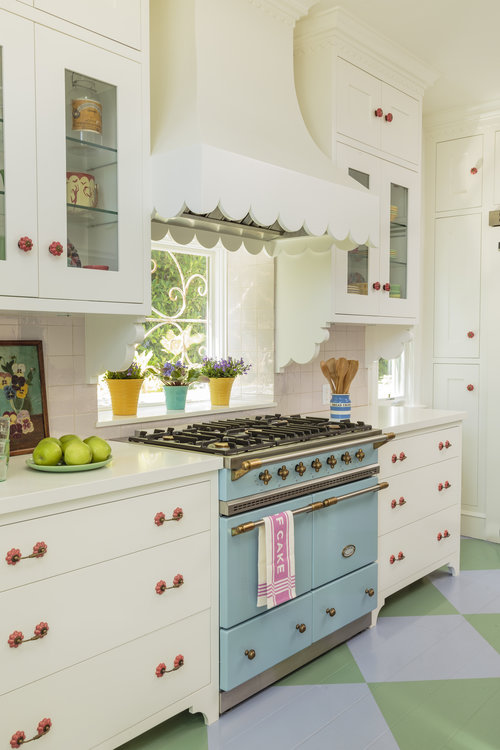 Wow - love the blue stove with a window instead of a backsplash