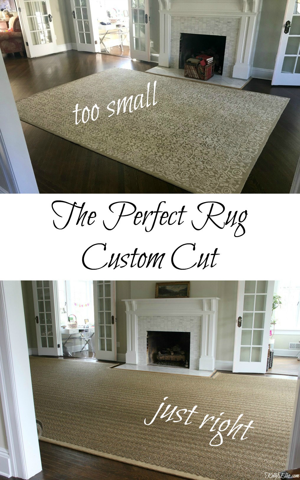 Designer Trick - get a rug custom cut to fit your room kellyelko.com #rugs #customrug #decorating #homedecor #rug #hardwoodfloors #customdecor #decoratingtips