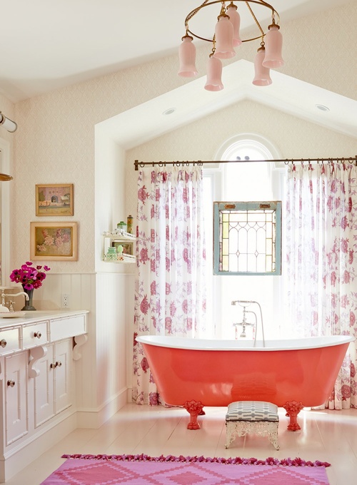 Gorgeous bathroom with red claw foot bathtub