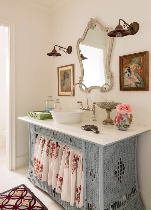 Wicker dresser turned bathroom vanity 