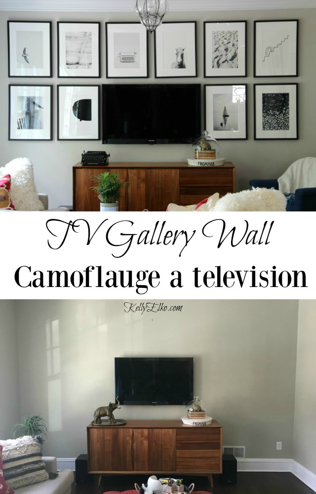 Camoflauge a television with a TV gallery wall grid - love the art she chose kellyelko.com