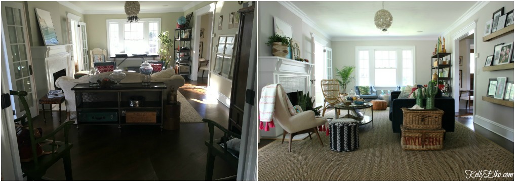 Living Room Before and After - what a dramatic difference furniture placement makes! kellyelko.com