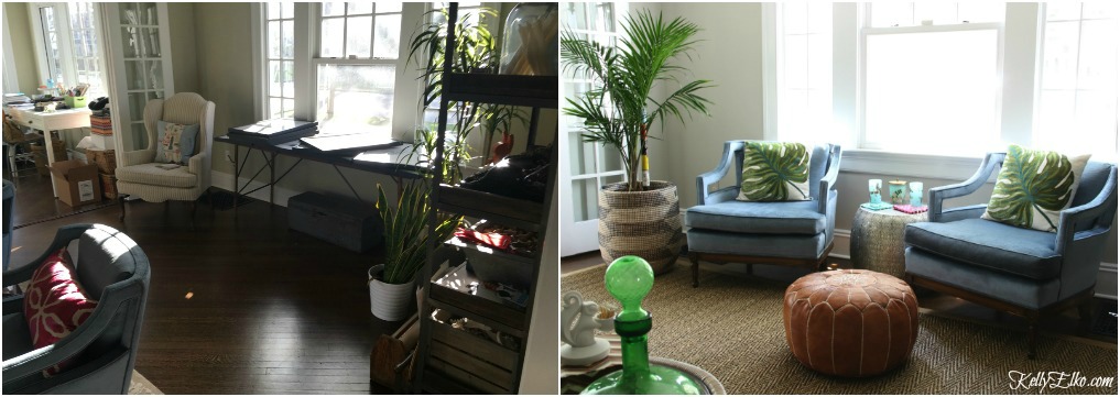 Living Room Before and After - what a dramatic difference furniture placement makes! kellyelko.com