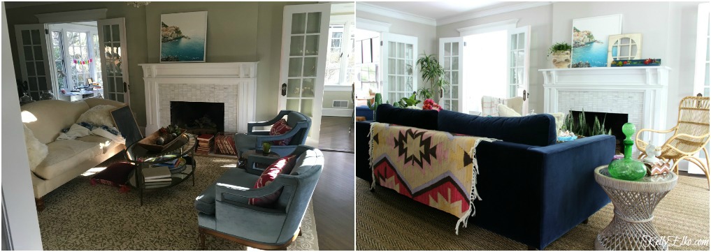 Living Room Before and After - what a dramatic difference furniture placement and the right size rug makes! kellyelko.com