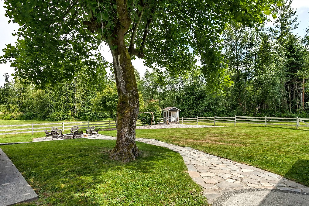 Open backyard with shade tree and fire pit kellyelko.com