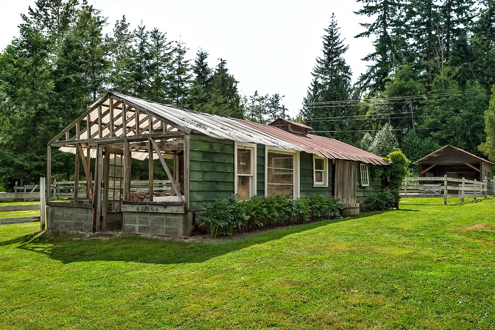 Love this little green garden house with metal roof kellyelko.com