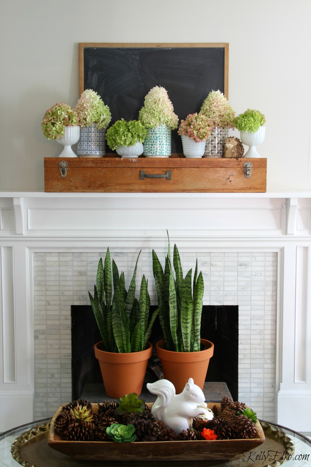 Gorgeous fall mantel hydrangeas - love the vintage finds and plants kellyelko.com