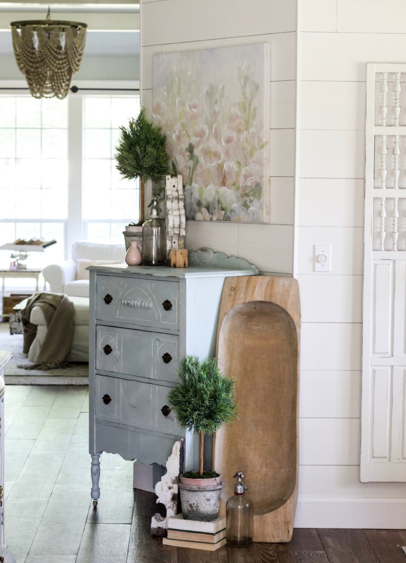 Farmhouse tour - love the shiplap foyer with antique blue chest 