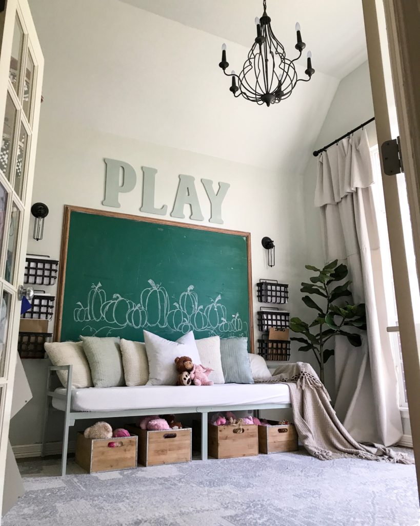 Farmhouse tour - love the giant green chalkboard in this playroom