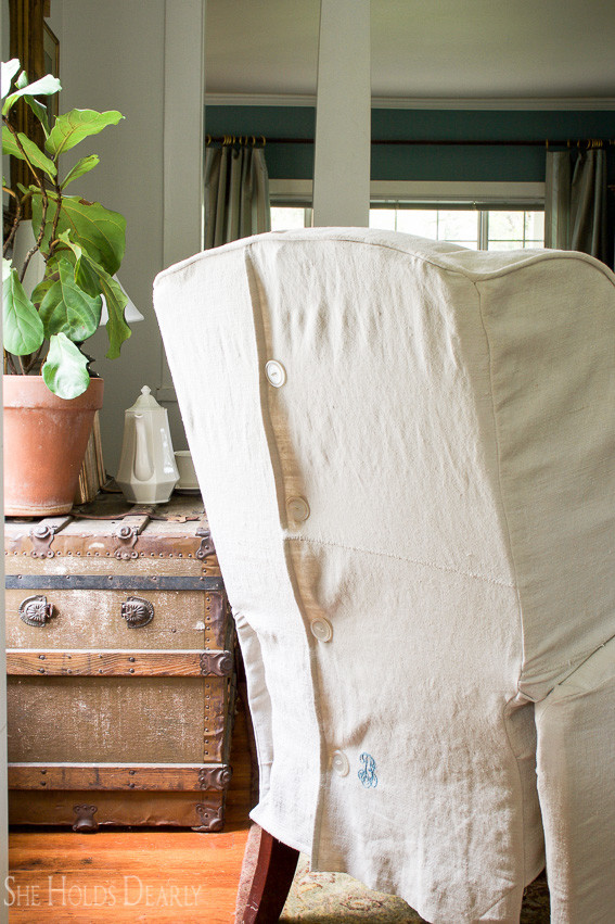 Farmhouse tour - love the upholstered linen chairs