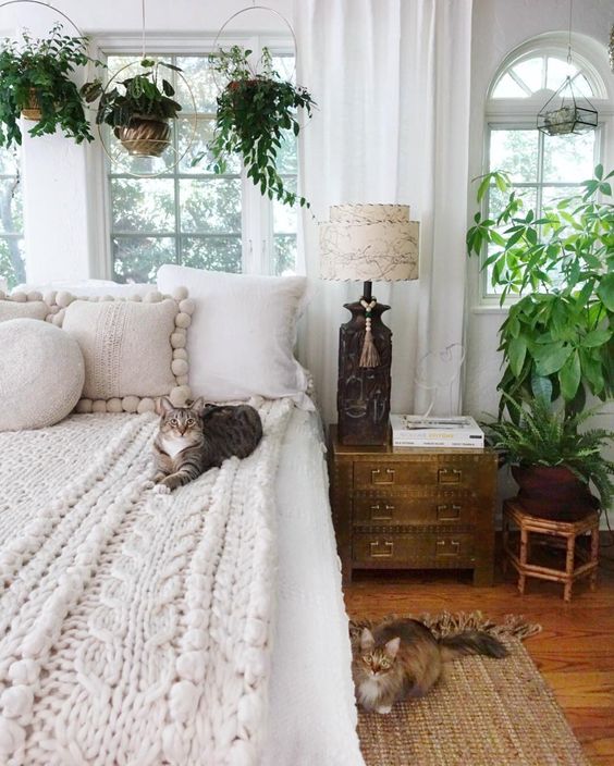 Boho bedroom with plants hanging over bed and mid century lamps