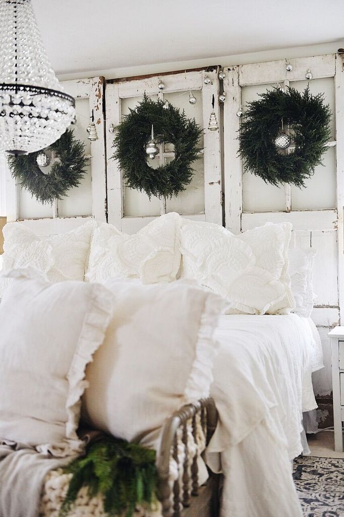 Creative Christmas Decorating Ideas - love this door headboard with wreaths