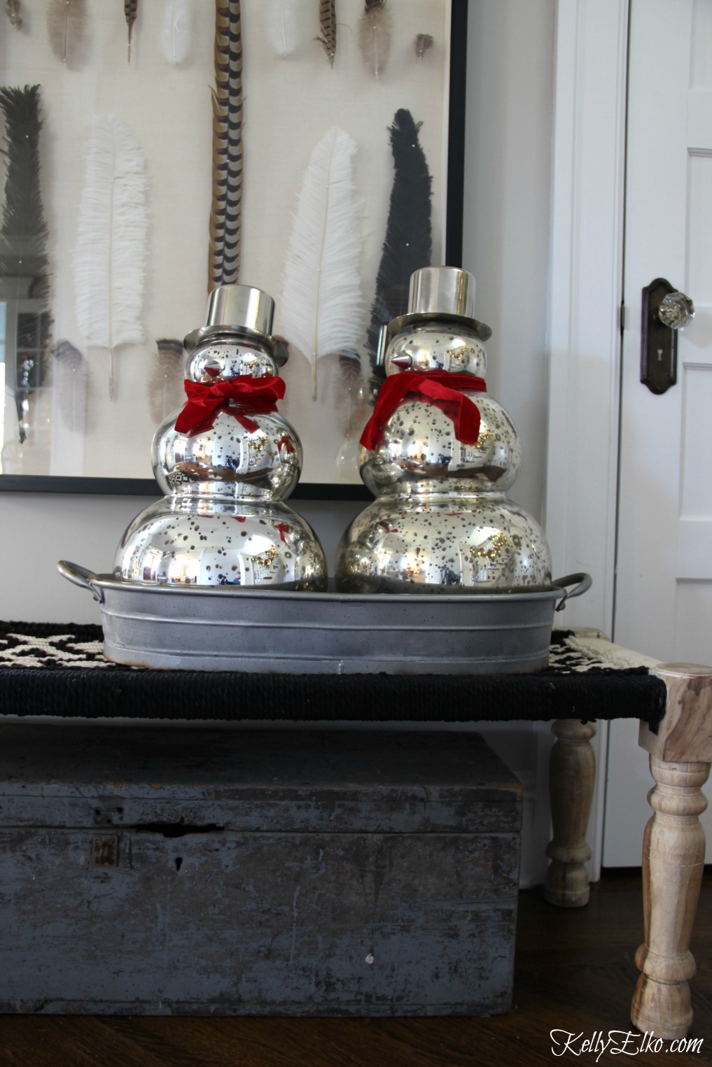 Christmas Home Tour - love these cute mercury glass snowmen kellyelko.com