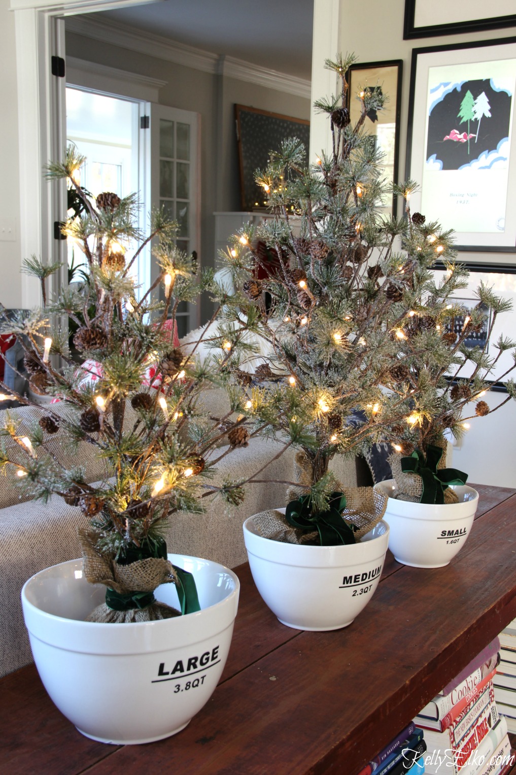 Christmas Home Tour - love these mini trees in bowls! kellyelko.com