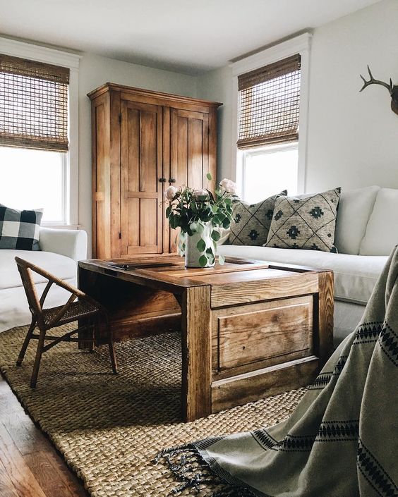 Farmhouse Tour - love the warm wood furniture and white walls