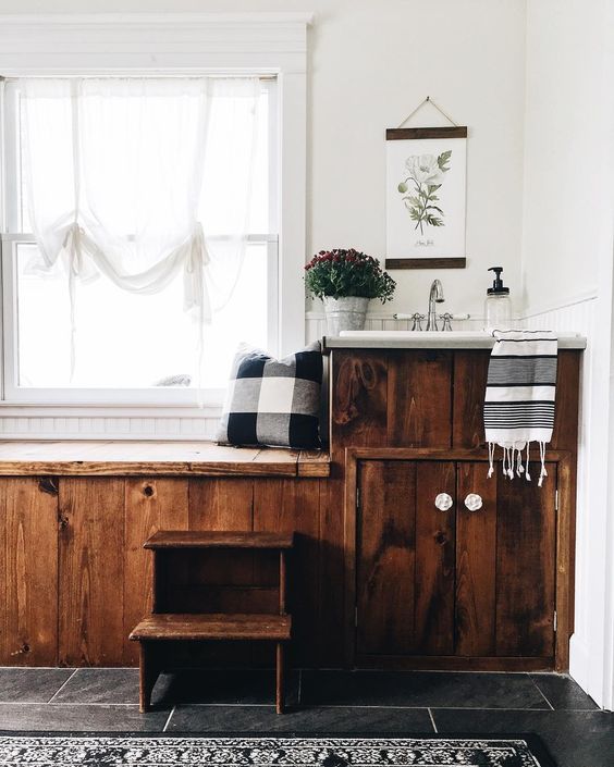 Farmhouse Tour - love this reclaimed wood bathroom vanity 