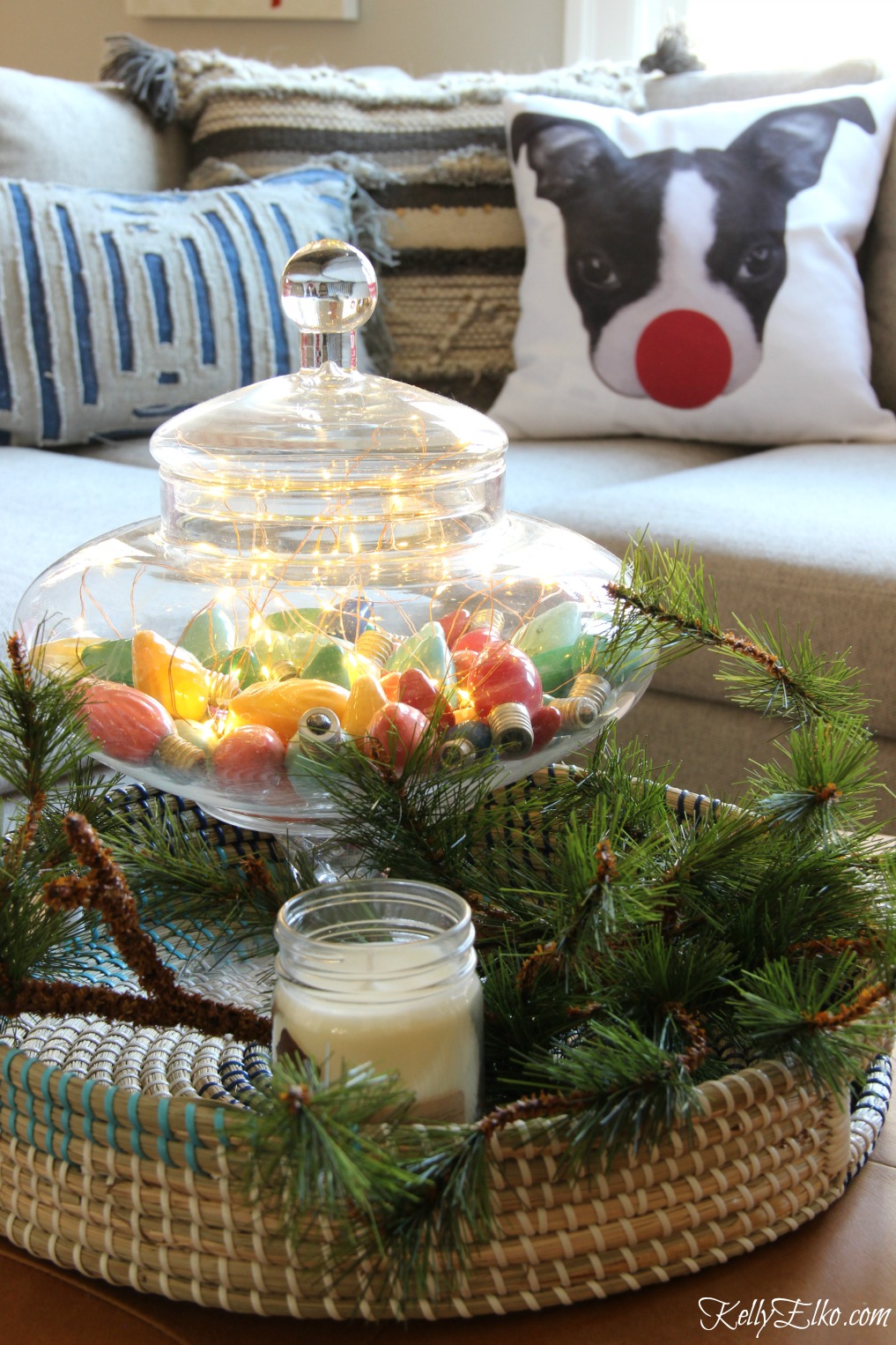 Christmas Home Tour - love the jar of vintage bulbs with copper fairy lights kellyelko.com