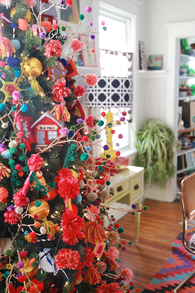 Christmas Home Tour - love this colorful tree and every ornament is a DIY 