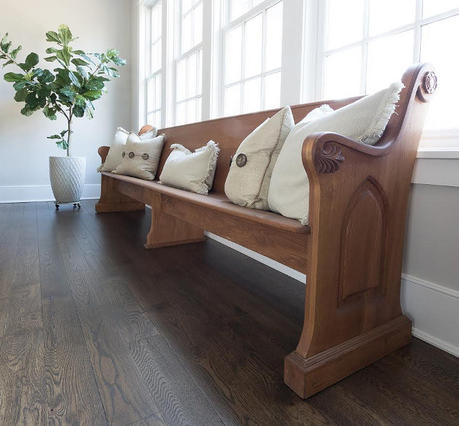 Eclectic Home Tour of Green Spruce Designs - love the old church pew