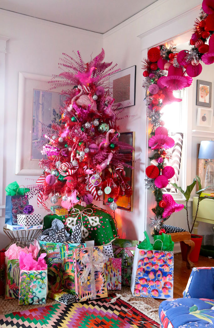 Christmas Home Tour - love this pink flamingo tree and hand painted gift bags