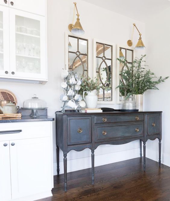 Eclectic Home Tour of Green Spruce Designs - love this antique sideboard given a fresh coat of blue paint and the brass sconces