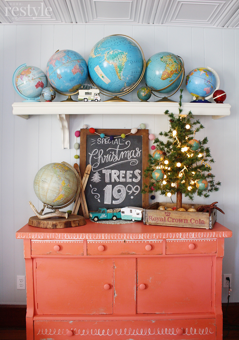 Eclectic Christmas Home Tour of Robb Restyle - love the vintage globe collection