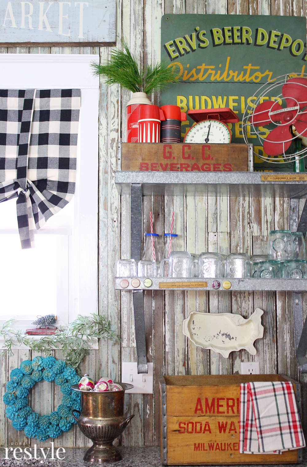 Eclectic Christmas Home Tour - love the galvanized shelves for displaying Christmas collections