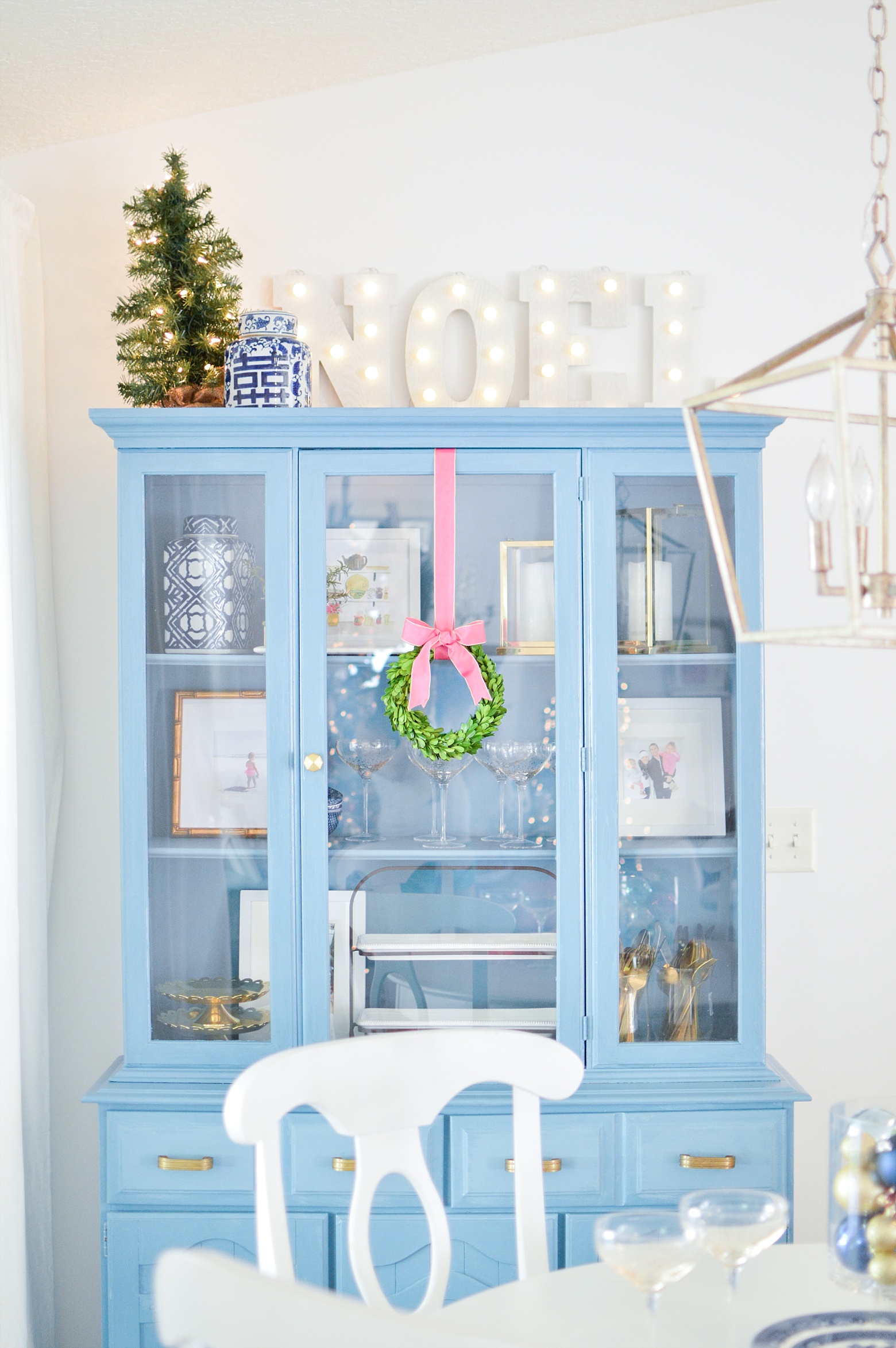 Christmas Eclectic Home Tour - love the baby blue hutch