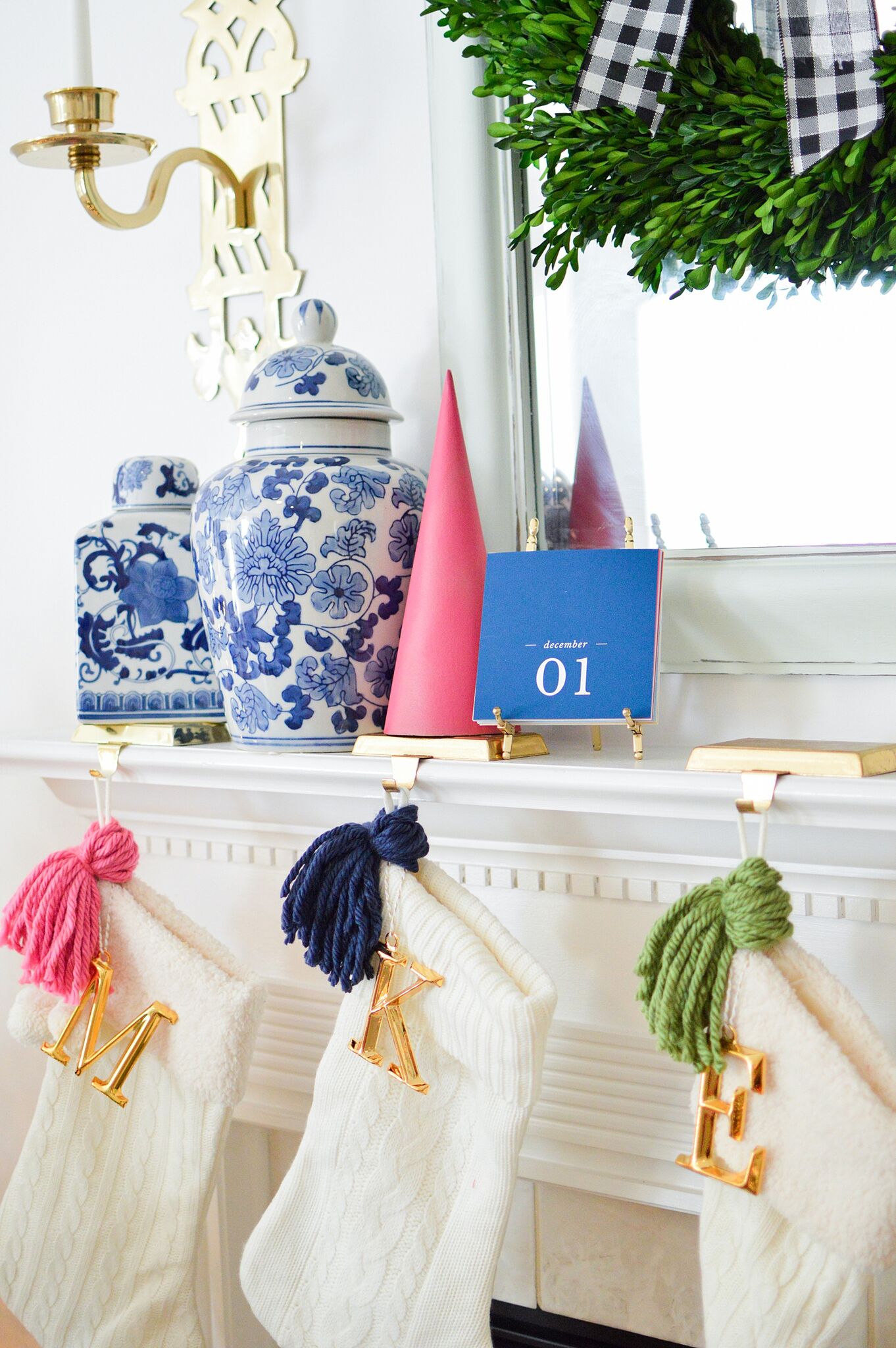 Christmas Eclectic Home Tour - love the colorful tassels on each stocking 