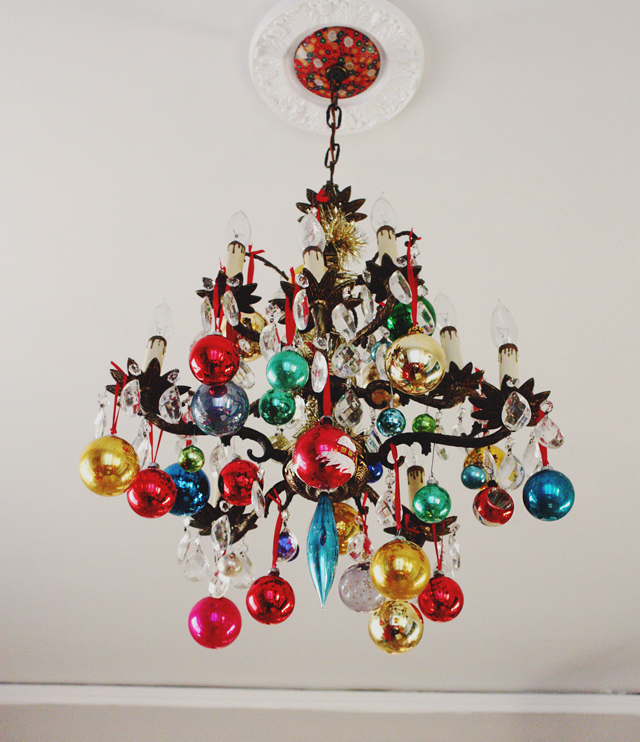 Christmas Home Tour - love this chandelier with vintage ornaments