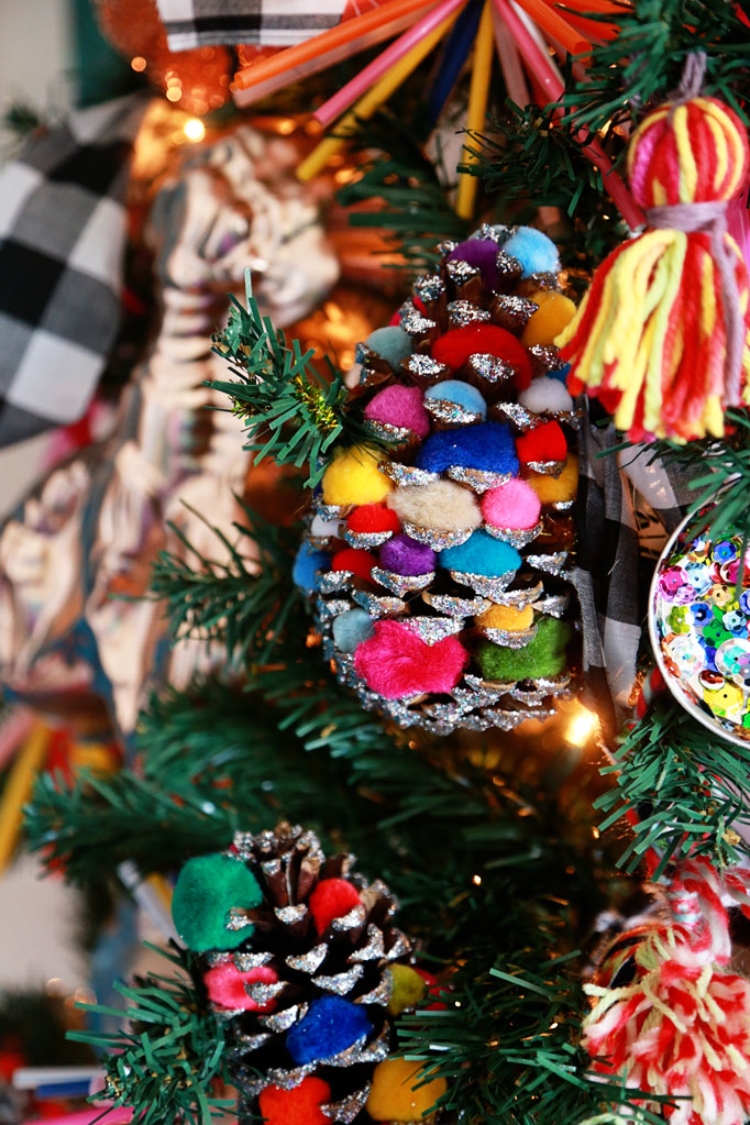 Christmas Home Tour - love this pom pom pine cone ornaments