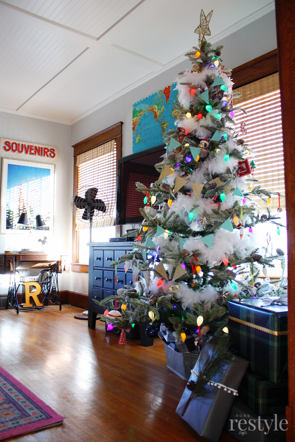 Eclectic Christmas Home Tour - love the Christmas tree with colorful vintage string lights