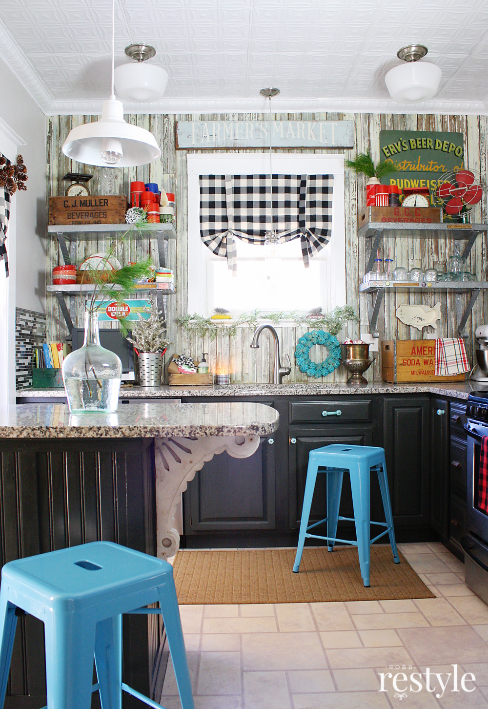 Eclectic Christmas Home Tour - love this colorful, vintage filled kitchen and the open galvanized shelves