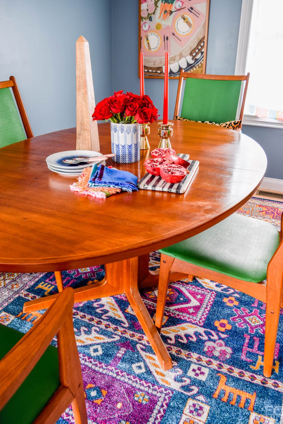 Eclectic Home Tour of PMQ for Two - get tons of renter friendly decorating and DIY ideas - love this colorful mid century dining room