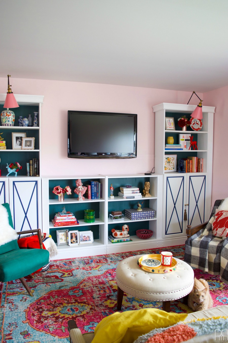 Eclectic Home Tour of PMQ for Two - get tons of renter friendly decorating and DIY ideas like how to make cheap bookcases look like custom built ins