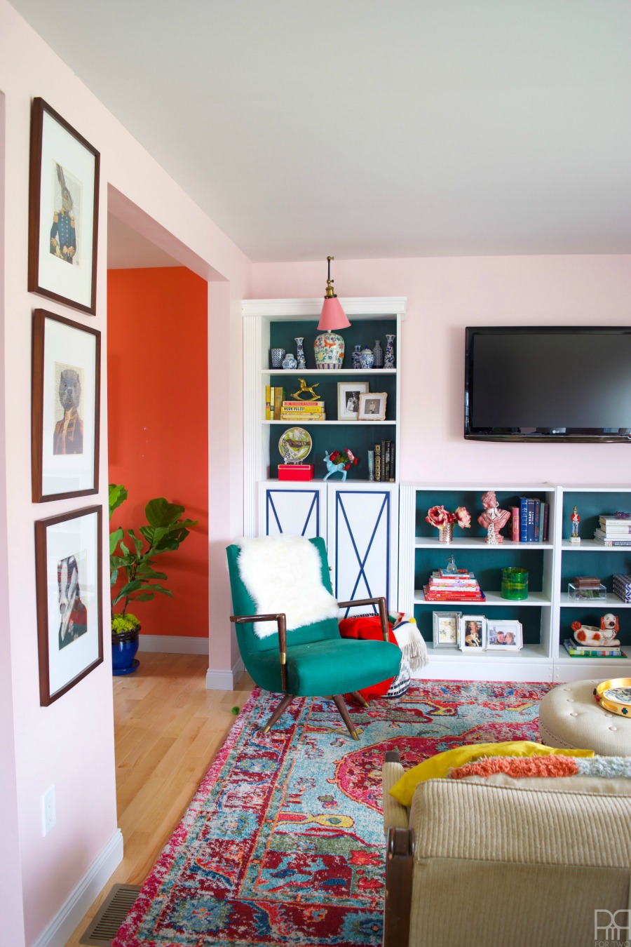 Eclectic Home Tour of PMQ for Two - get tons of renter friendly decorating and DIY ideas like the inexpensive bookcases that look like custom built-ins